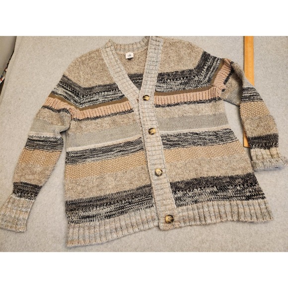 Cabi Sweater Womens L Striped Boyfriend Cardigan Knit Cozy Soft Blend Pullover - Picture 1 of 16